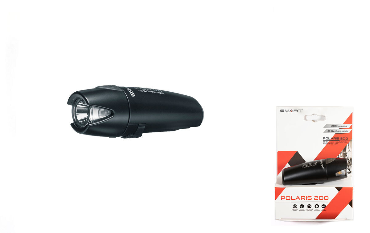 Фара SMART POLARIS 200 передняя, 1 Cree диод 200 lm, 3 режима, крепеж на руль 22.4-31.8 мм, Li-Pol а